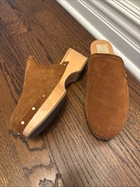 Dolce Vita Suede Wooden Clog Mules in Cognac Brown and Gold studs